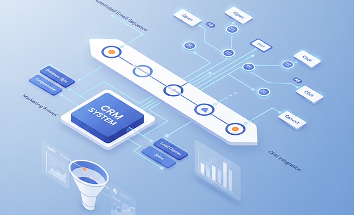 Marketing automation concept showing automated workflows, CRM integration, and customer journeys